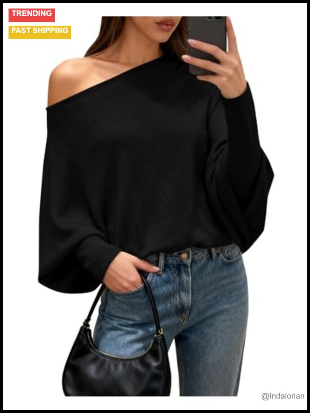 Off Shoulder Batwing Knit Sweater Long Sleeve Chunky Pullover